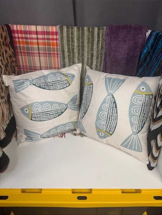 Other - Set of 2 Fish Print Throw Pillow Covers - Blue & Cream